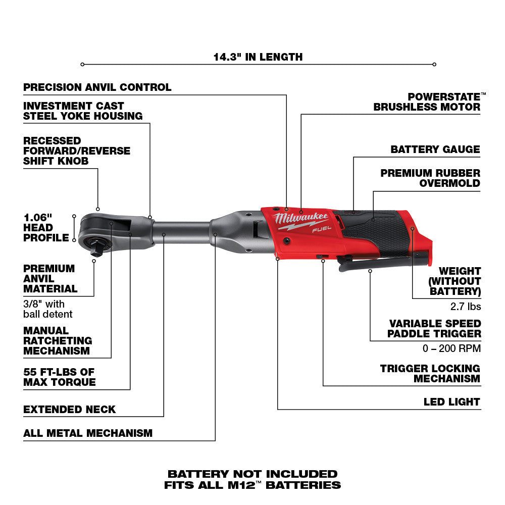 Milwaukee Tool 2560-20 M12 Fuel 3/8 in. Extended Reach Ratchet