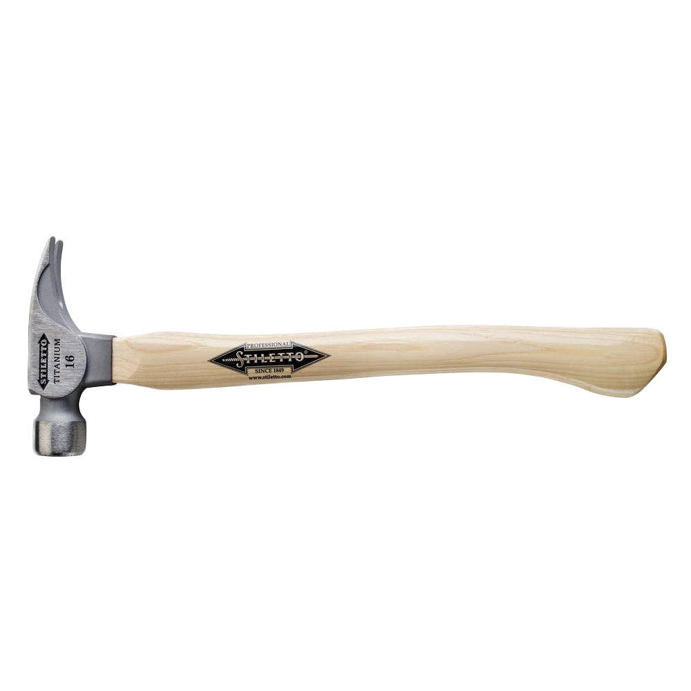 Stiletto Tools TI16SC 18 Hickory Curved Handle 16 Oz. Titanium Head Round  Smooth Face Straight Claw Hammer