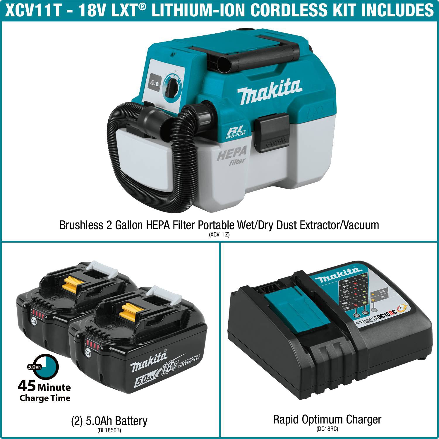 Makita XCV11T 18V LXT Lithium‑Ion Brushless Cordless Gallon HEPA Filter  Portable Wet/Dry Dust Extractor/Vacuum Kit 5.0 Ah —